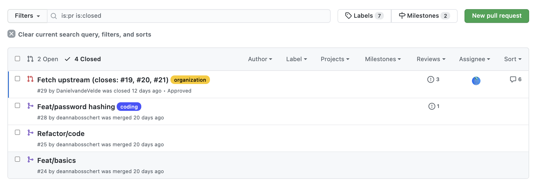 screenshot of our closed pull requests