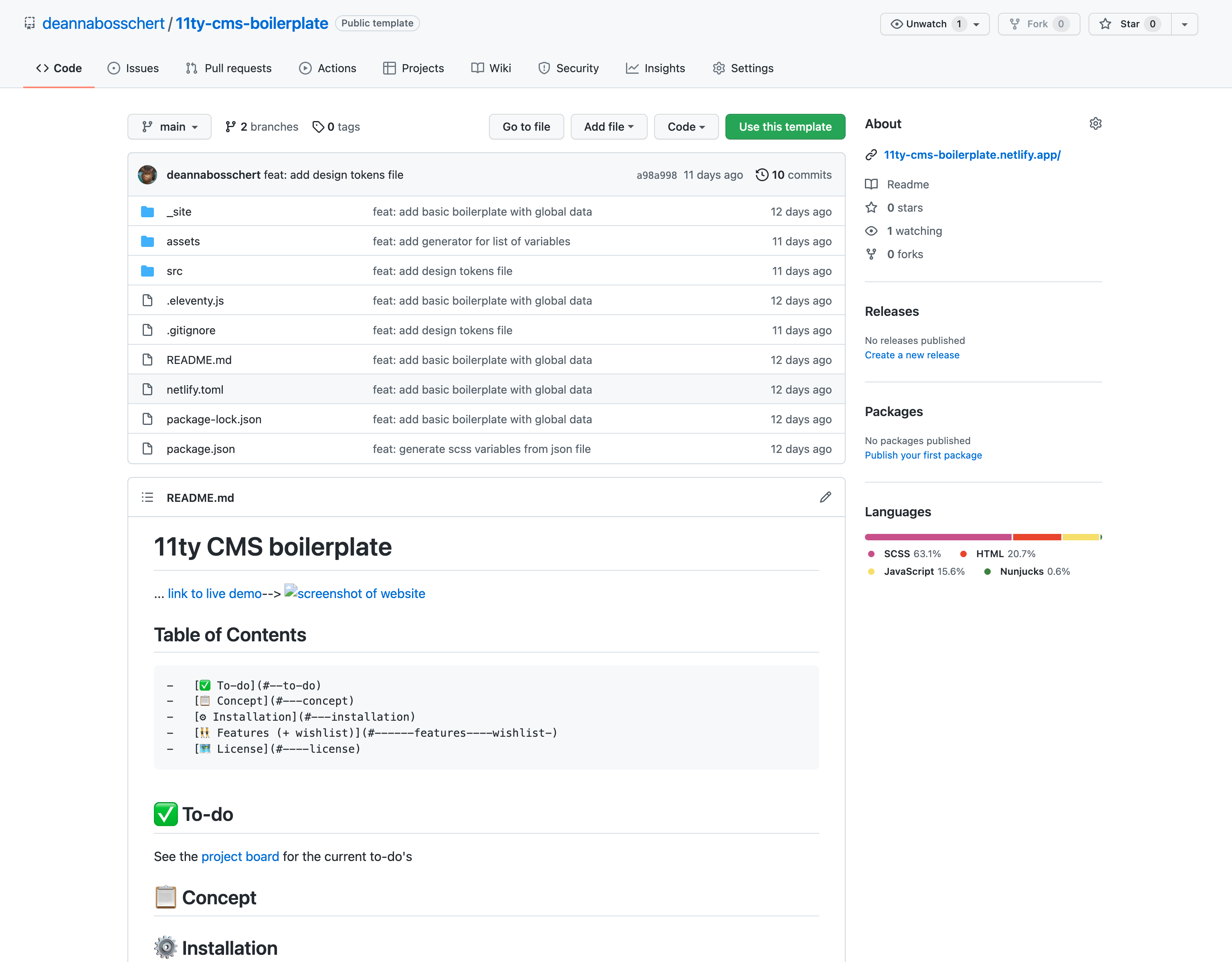 screenshot of 11ty-cms-boilerplate repo